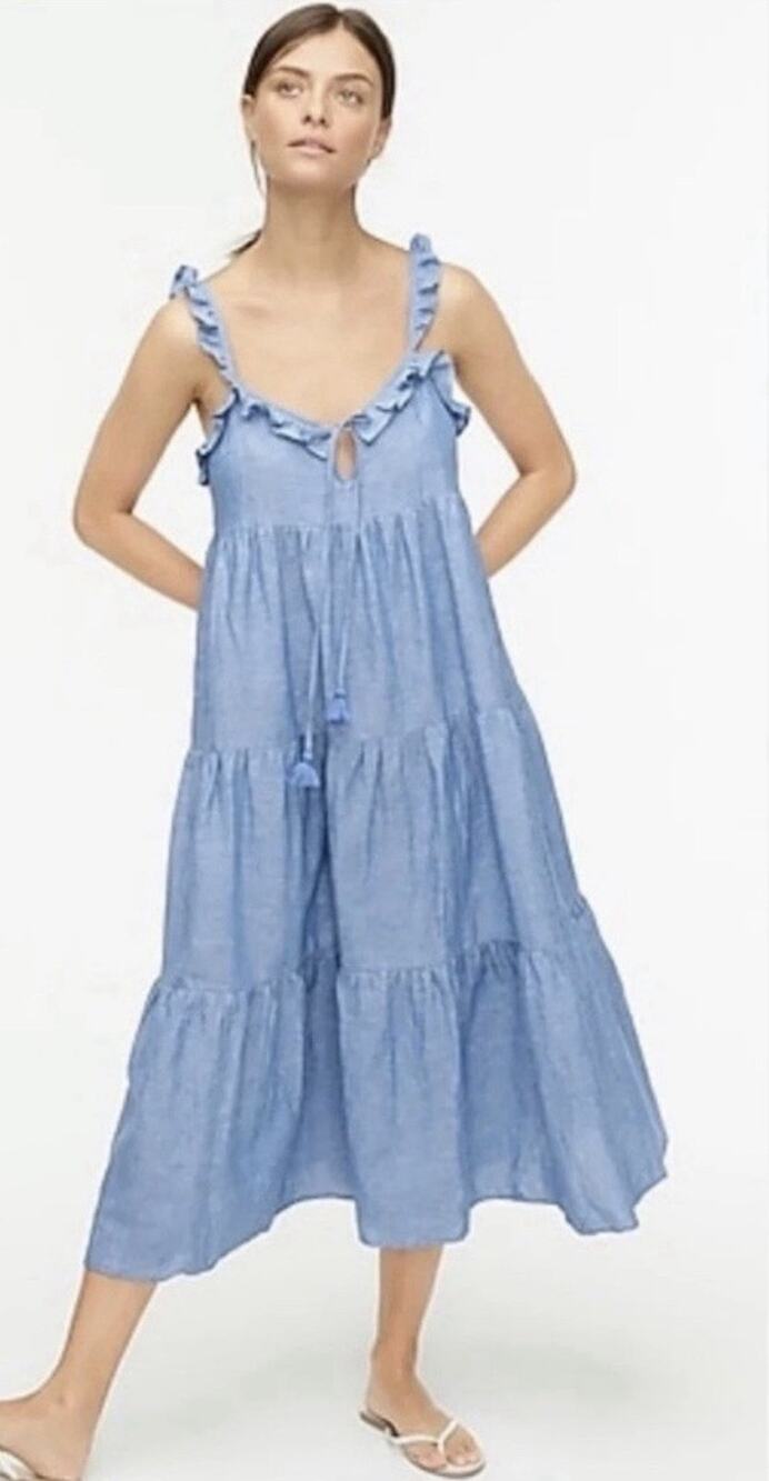 J.Crew Blue Linen Blend Tiered Maxi Dress Size Medium Tassel Tie Cottagecore